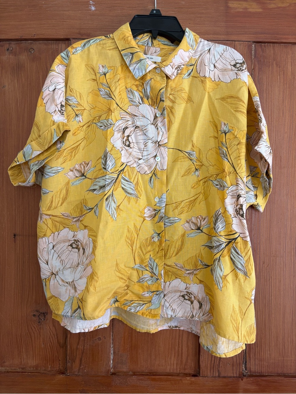 Nicole Miller Yellow Floral Short Sleeve Button-Down Shirt Linen Size M/L